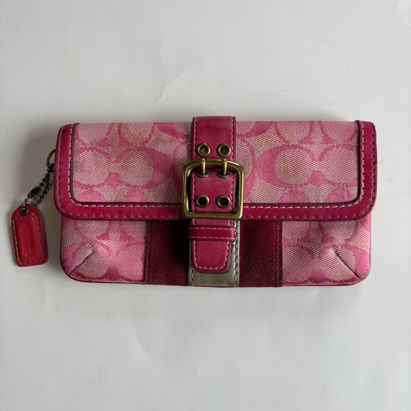 Coach Handbags - Coach Pink Signature Jacquard Wristlet Suede Trim Buckle Detail Wallet Y2K Vtg